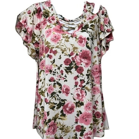 Discreet Floral‎ Print Multicolored Short Sleeve  Open Shoulder Size XL Top - Picture 3 of 16